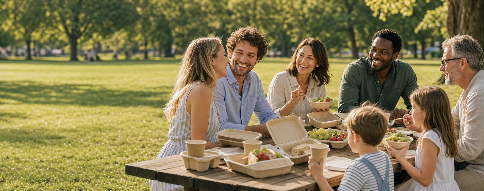 Molded pulp food packaging used at an outdoor family gathering